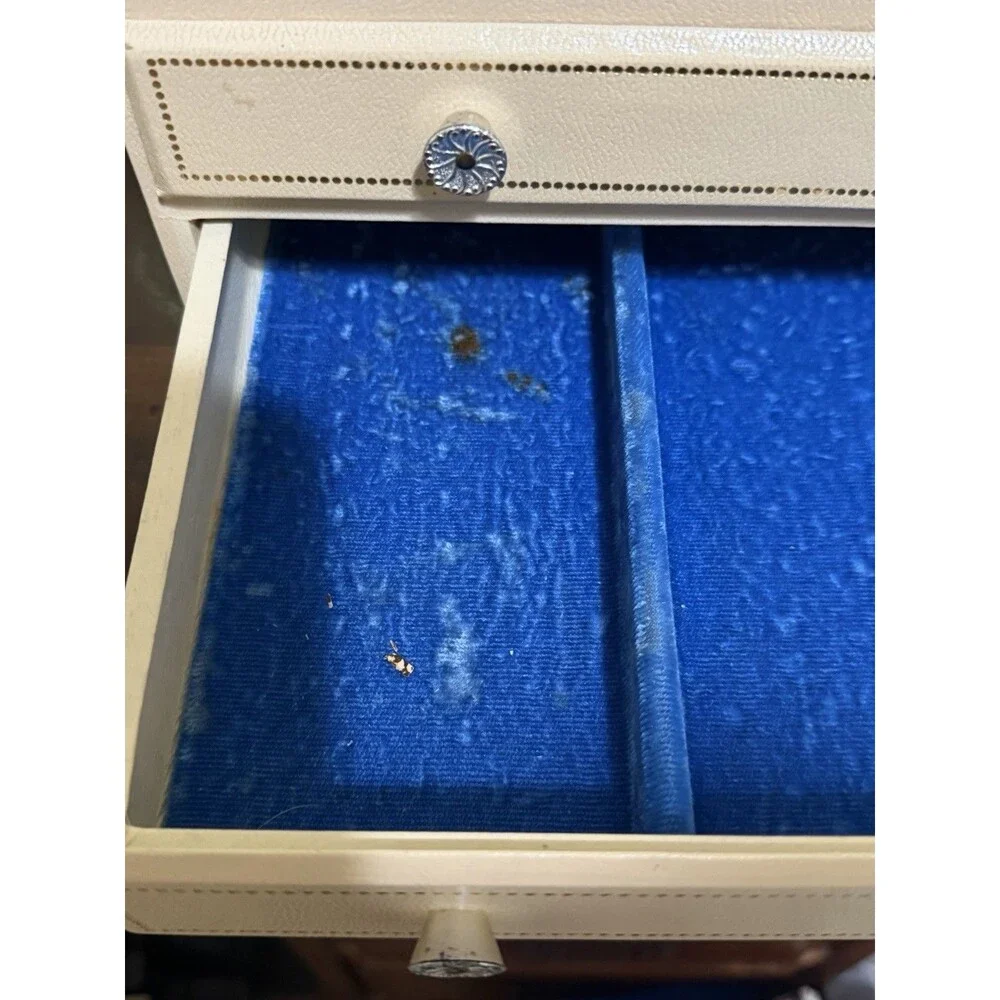1960s Mele Ivory Leatherette Jewelry Box Velvet Blue Interior MCM 16 X 6 1/2